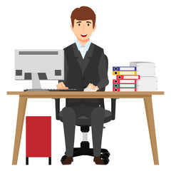 Cute beautiful cheerful businessman freelancer character siting on modern home office desk with table chair with some paper pile file folders drawer cabinet isolated