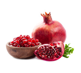 Ripe pomegranate with leaves  and seed pomegranate fruits