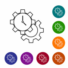 Black line Time Management icon isolated on white background. Clock and gear sign. Productivity symbol. Set icons in color circle buttons. Vector