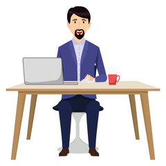 Cute businessman freelancer character siting on modern home office desk with table chair coffee cup with pc laptop computer
