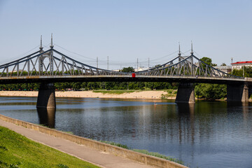 View of the old Volzhsky Bridge over the Volga River in Tver, Russia.