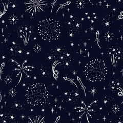 Naklejka premium Fun hand drawn doodle fireworks, seamless pattern, great for textiles, wrapping, banner, wallpapers - vector design