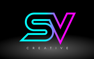 SV Neon Purple Blue Letters Logo Design. SV Outline Letter Icon Vector