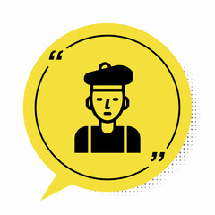 Black French man icon isolated on white background. Yellow speech bubble symbol. Vector