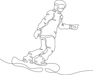 Athlete snowboarder rides on a snowy slope. Snowboarder rides on a board in the snow in winter.One continuous line .One continuous drawing line logo isolated minimal illustration.