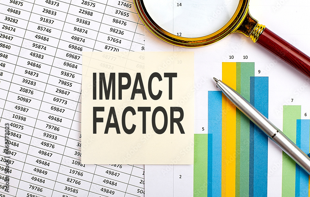 Poster business concept. top view of stiscker with text impact factor on chart background