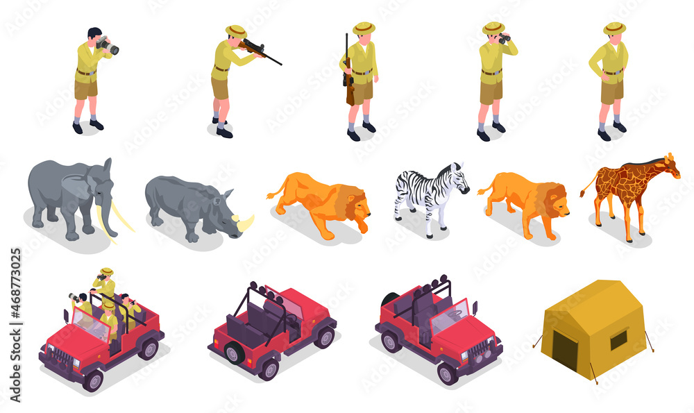 Wall mural safari isometric icon set