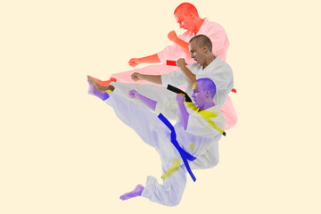Creative collage of man, professional martial art fighter training isolated over white background. Glitch and duotine effect