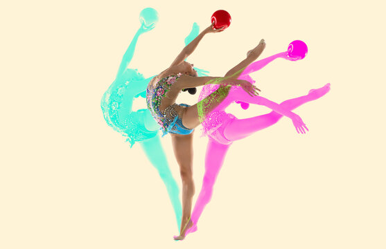 Creative collage of girl, professional rhytmic gymnast training with ball isolated over white background. Glitch and duotine effect