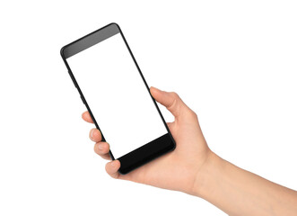 Smartphone in a female hand on a white background, isolate