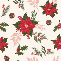 Christmas Poinsettia Digital Papers, Seamless Patterns, Winter Flower Design Illustration, 12 inches