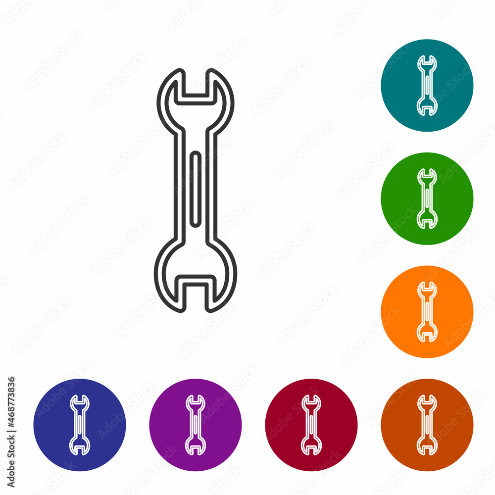 Poster black line wrench spanner icon isolated on white background. set icons in color circle buttons. vect