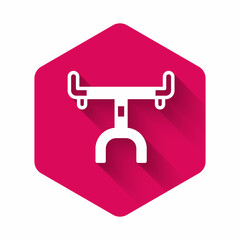 White Bicycle handlebar icon isolated with long shadow. Pink hexagon button. Vector