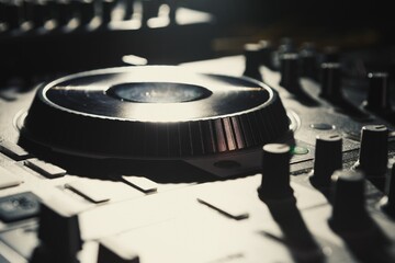 Dj controller with turntable and sound mixer. Professional disc jockey audio equipment