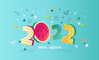 Happy new year 2022 holiday background with 3d numbers 2022 in juicy colors. Vector illustration