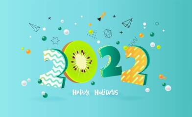 Happy new year 2022 holiday background with 3d numbers 2022 in juicy colors. Vector illustration