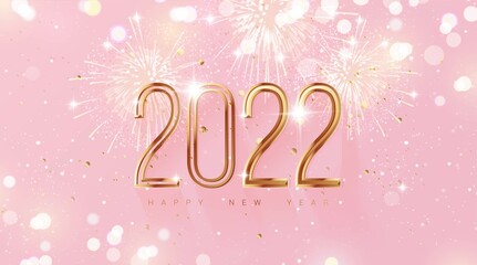 Happy new year 2022 holiday background with 3d numbers 2022, fireworks and Christmas lights in pink and gold colors. Vector illustration