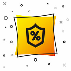 Black Loan percent icon isolated on white background. Protection shield sign. Credit percentage symbol. Yellow square button. Vector