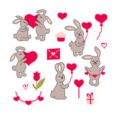 Bunnies with hearts, flower, cupcake on white background. Valentine's Day set. Vector illustration.