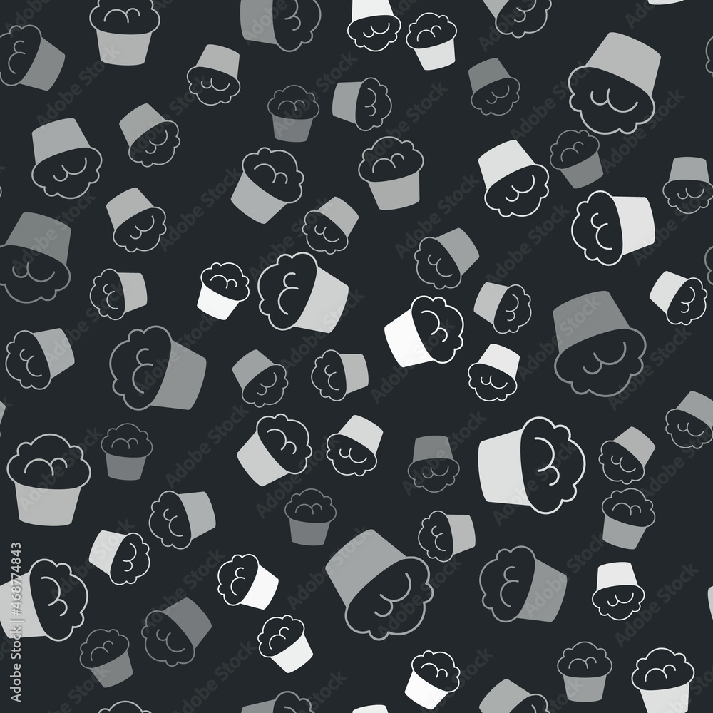 Poster grey muffin icon isolated seamless pattern on black background. vector