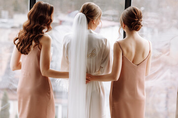 Morning of bride. Gorgeous bride with best bridesmaids are having fun in hotel room near the large window. Sexy bridesmaids in exciting negligee. Wedding morning details. back view
