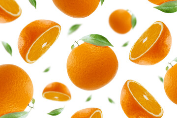 Fly Orange with slices and leaf concept isolated on white background