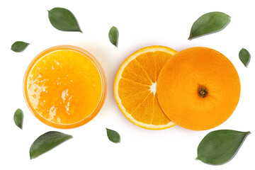 Fresh orange citrus fruit with leaves and jam isolated on white background