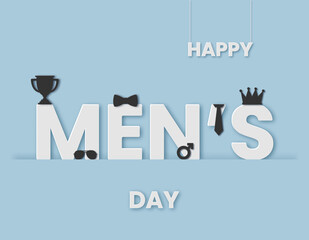 Happy Mens Day design illustration in paper cut style with light backgroud and icons. 19 November