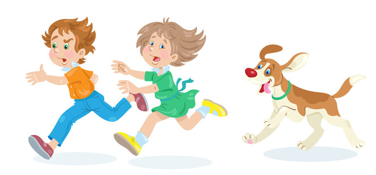 Frightened children run away from a funny dog. In cartoon style. Isolated on white background. Vector flat illustration.