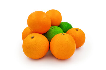 Front view fresh oranges and sweet lemon with leaf isolated on white background