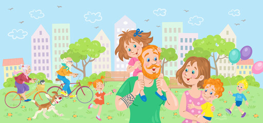 Obraz na płótnie Canvas Happy family walks and rests in the city park. Parents with children and pets, grandparents on bicycles. In cartoon style. Vector illustration.