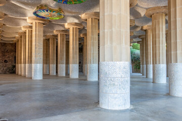The Hypostyle Room in The famous Parc Güell designed by the architect Gaudí in the city of...