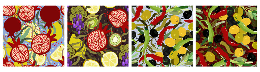 Vector set of four seamless abstract patterns with pomegranates, lemons, grapes, kiwi,olives and pepper.