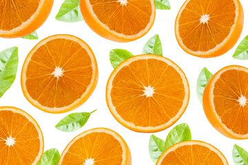 Slice of orange with green leaf isolated on white surface