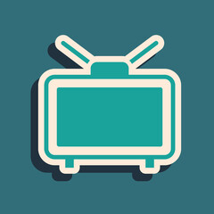 Green Football soccer match on TV icon isolated on green background. Football online concept. Long shadow style. Vector