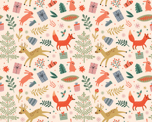 Christmas seamless pattern with deer and fox - 468776890