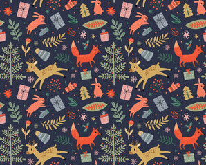 Christmas seamless pattern with deer and fox