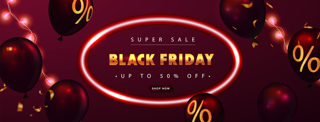 Black friday sale promotion poster with balloons,neon oval frame and garland. Black friday day sales banner template design for social media and website.Vector illustration