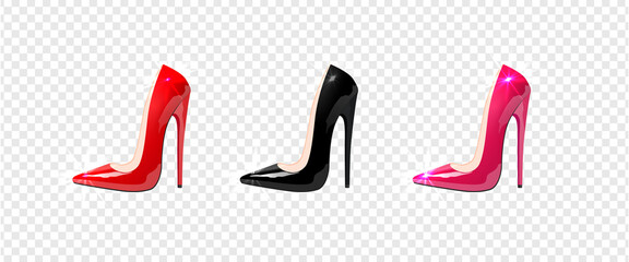 Beautiful female shoes isolated on transparent background.High-heeled shoes, sexy shoes, patent leather shoes.Vector illustration. - obrazy, fototapety, plakaty