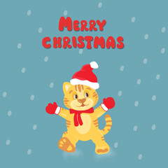 Christmas tiger in santa hat . Cute drawings of characters on the theme of the New Year on a bright background. High quality photo