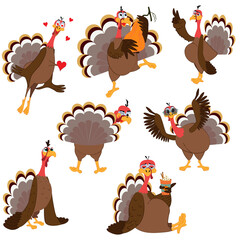 Funny Thanksgiving Turkey bird cartoon character Set vector illustration