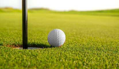 golfed ball on golf course of green grass