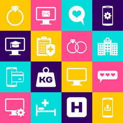 Set Smartphone with download, Like and heart, Medical hospital building, Heart speech bubble, Clipboard medical insurance and Monitor graduation cap icon. Vector
