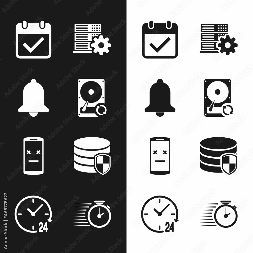Poster set hard disk drive hdd sync refresh, ringing bell, calendar with check mark, server setting, dead m