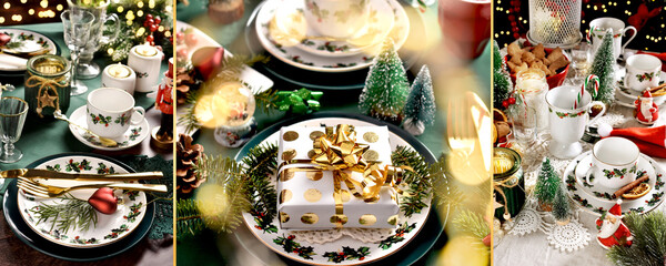 Christmas collage with festive table setting in green red white colors