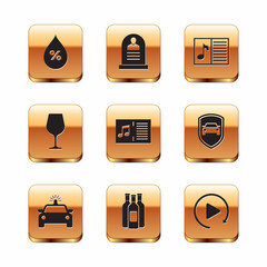 Set Water drop percentage, Police car and flasher, Bottles of wine, Music book with note, Wine glass and icon. Vector
