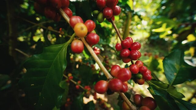 Organic arabica coffee beans cherries ripe on branch in coffee plantation Thailand ready to harvest with light sun flare in the evening, agricultural industry, close-up and slider shots