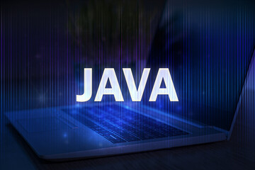 Java text on blue technology background with laptop. Learn java programming language, computer...