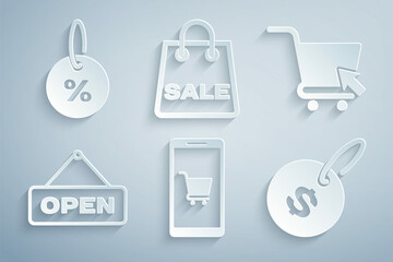 Set Mobile and shopping cart, Shopping with cursor, Hanging sign Open door, Price tag dollar, bag Sale and Discount percent icon. Vector