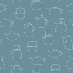 Seamless pattern of line art teapot. White objects on blue background. Kitchen utensil. Doodle style. 